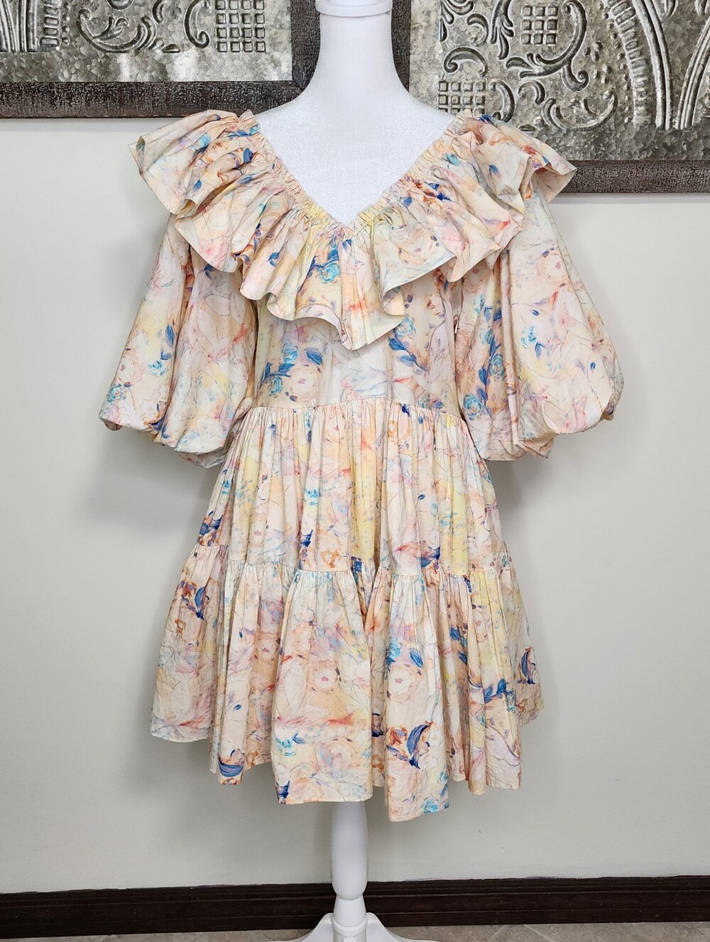 Vestique Pascal Yellow Floral Ruffle Hyper Feminine Puff Sleeve Mini Dress Small